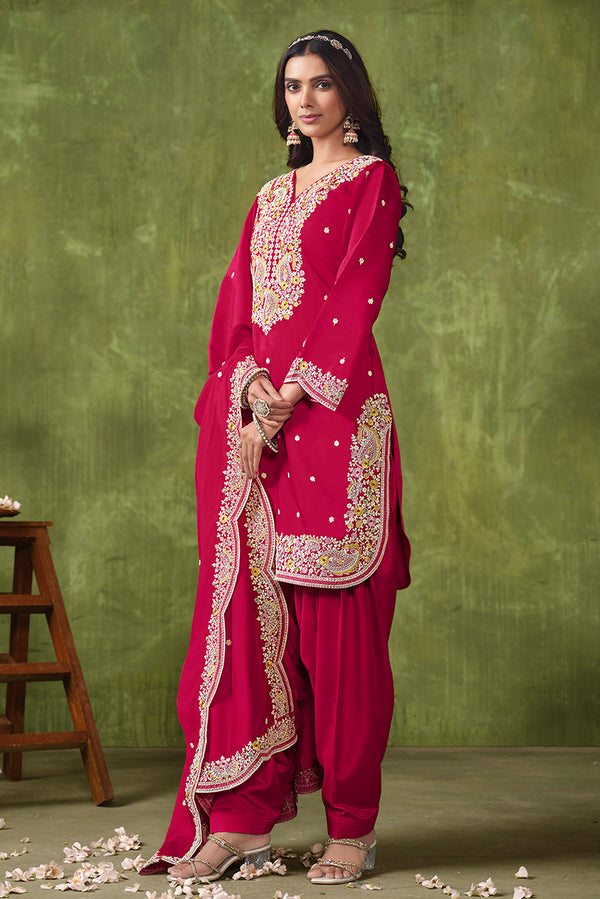 Monjolika Fashion Hot-Pink Color Embroidered Santoon Chanderi Silk Salwar Suit