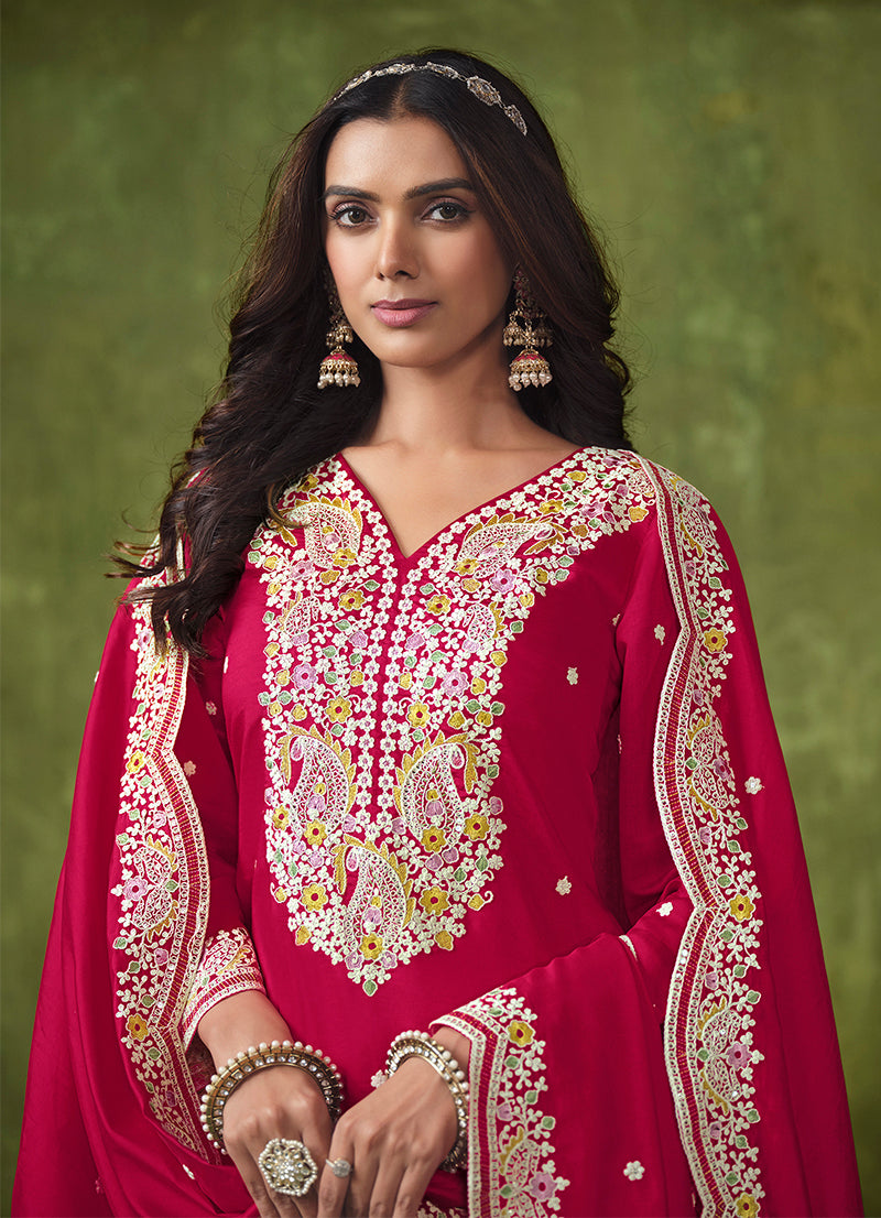 Monjolika Fashion Hot-Pink Color Embroidered Santoon Chanderi Silk Salwar Suit