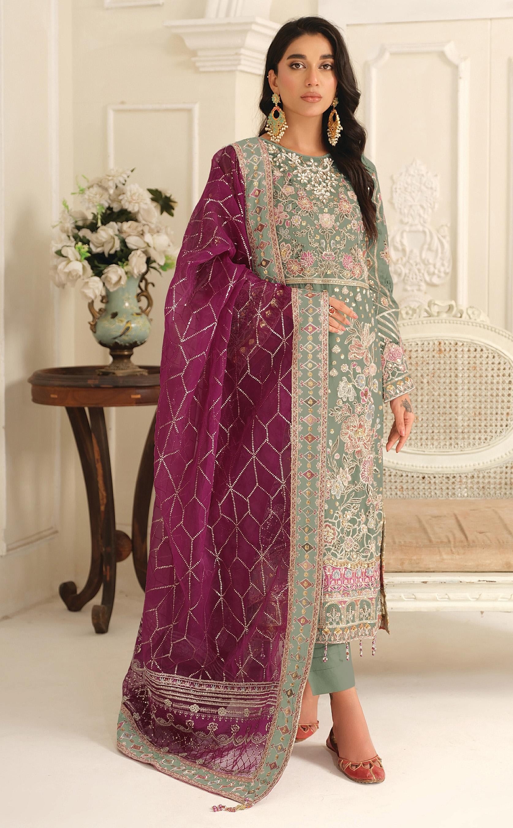 Anaita Green Chiffon Suit with Embroidery & Sequence Work - Distacart
