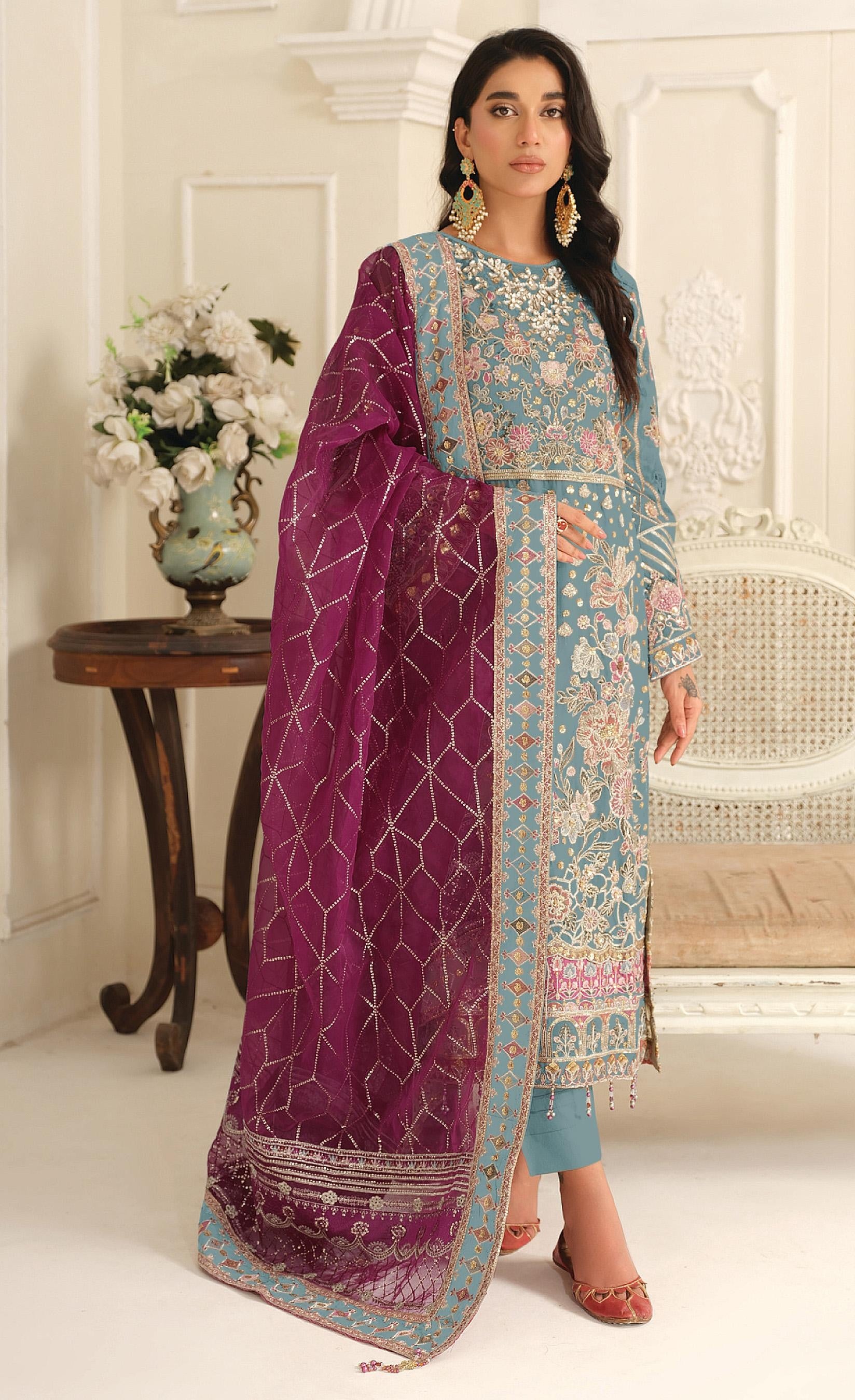 Anaita Blue Chiffon Suit with Embroidery & Sequence Work - Distacart
