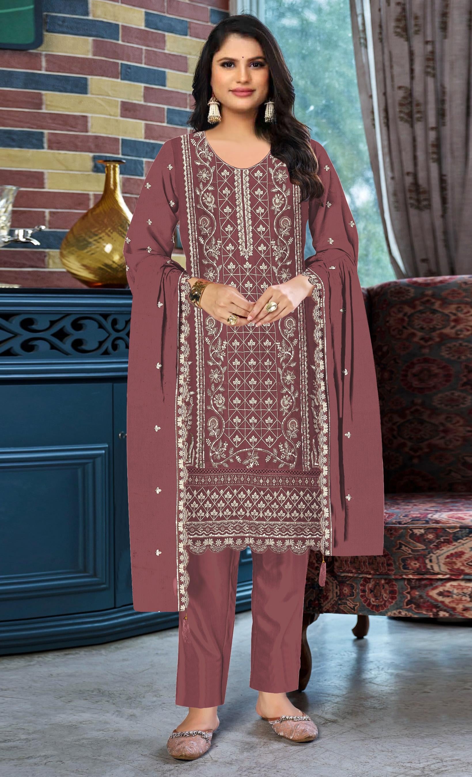 Anaita Peach Chiffon Suit with Embroidered & Sequence Work - Distacart