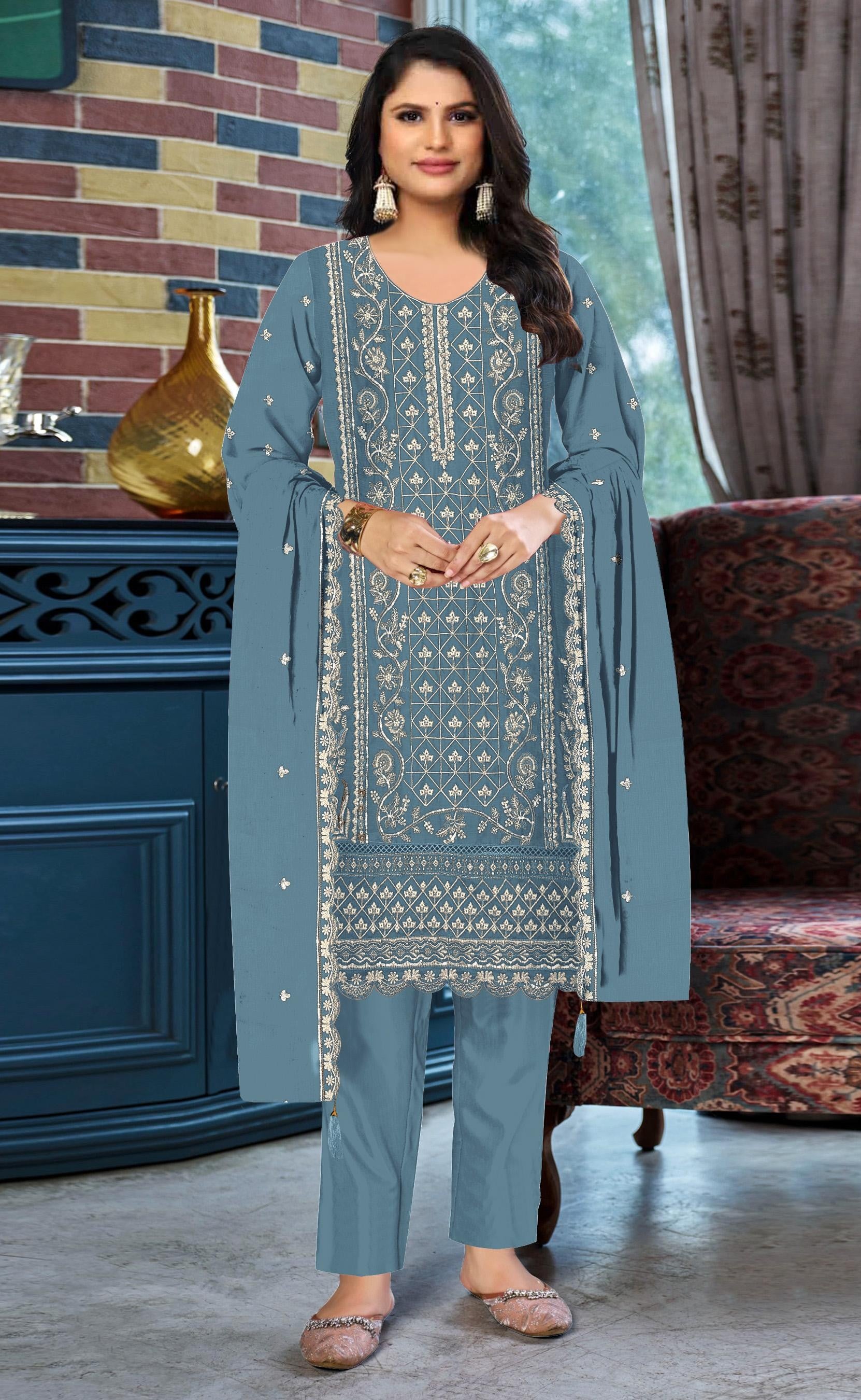 Anaita Blue Chiffon Suit with Embroidered & Sequence Work - Distacart