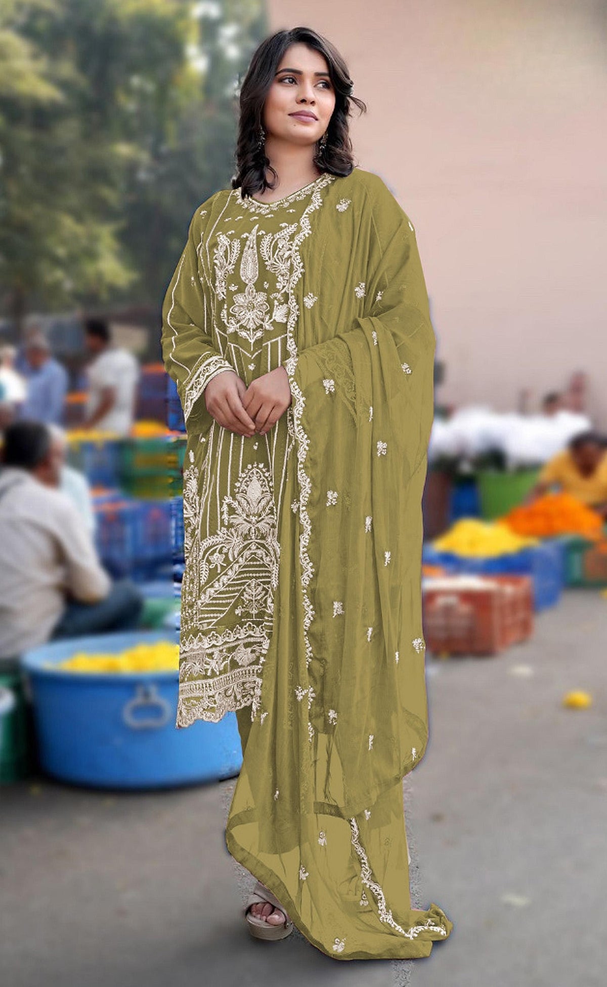 Anaita Mustard Chiffon Semi Stitched Suit with Embroidery & Sequence Work - Dista