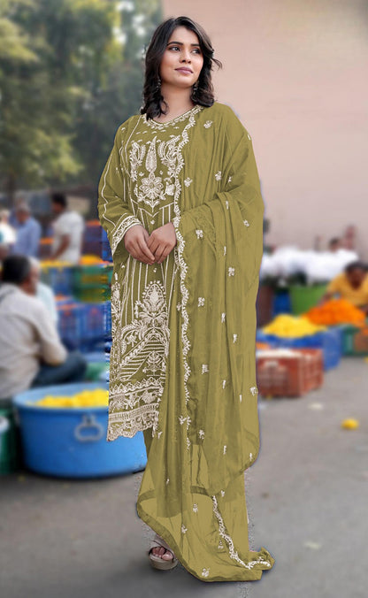 Anaita Mustard Chiffon Semi Stitched Suit with Embroidery & Sequence Work - Dista