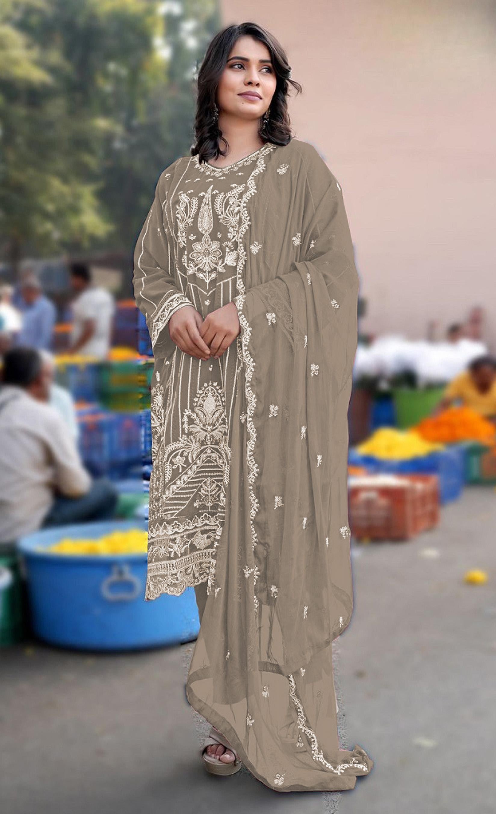 Anaita Grey Chiffon Semi Stitched Suit with Embroidery & Sequence Work - Dista