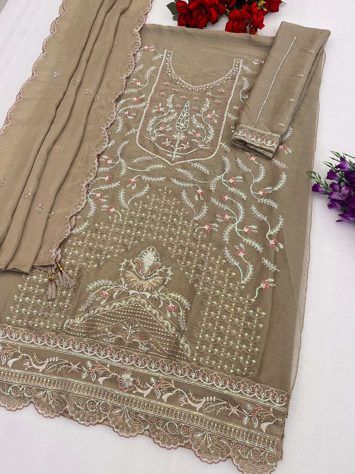 Anaita Grey Chiffon Semi Stitched Suit with Embroidery & Sequence Work - Dista