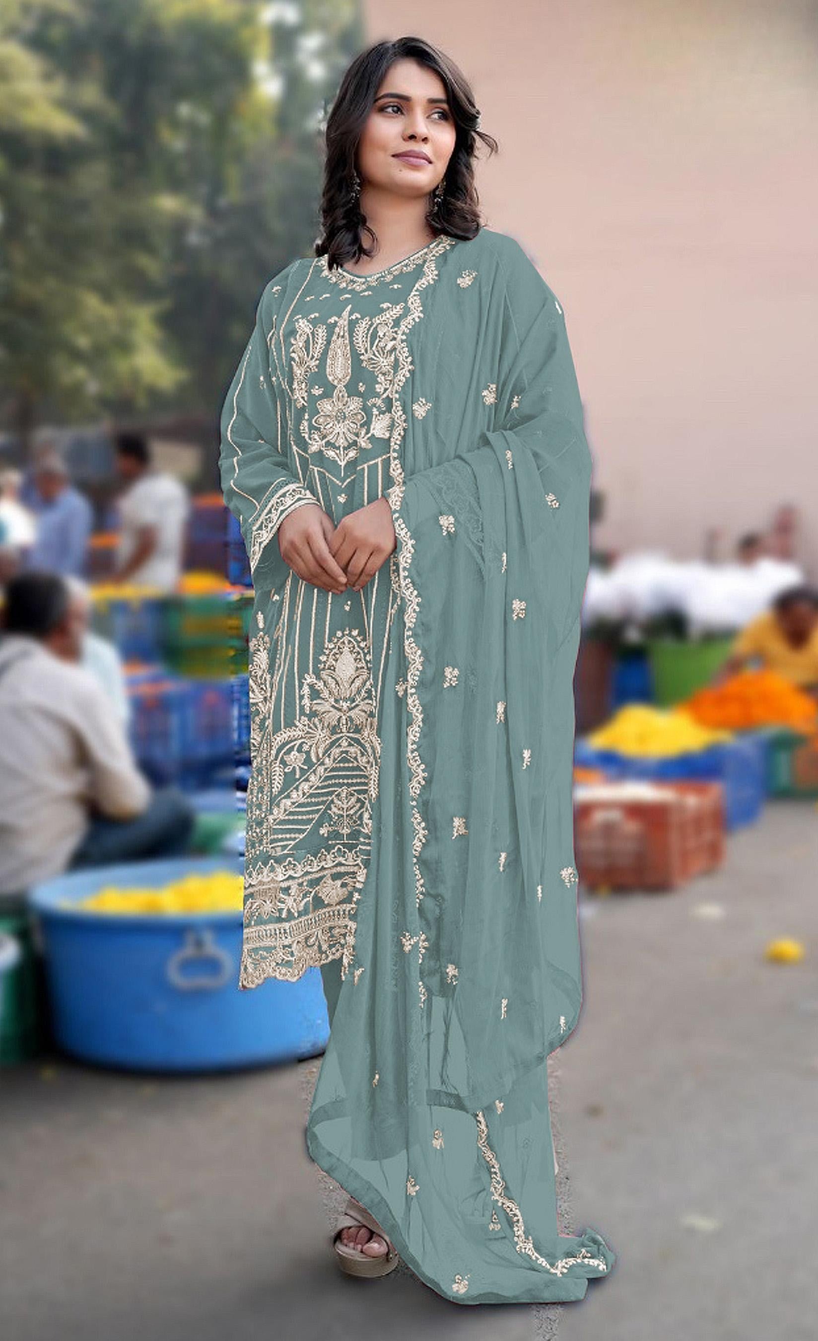 Anaita Turquoise Chiffon Semi Stitched Suit with Embroidery & Sequence Work - Dista