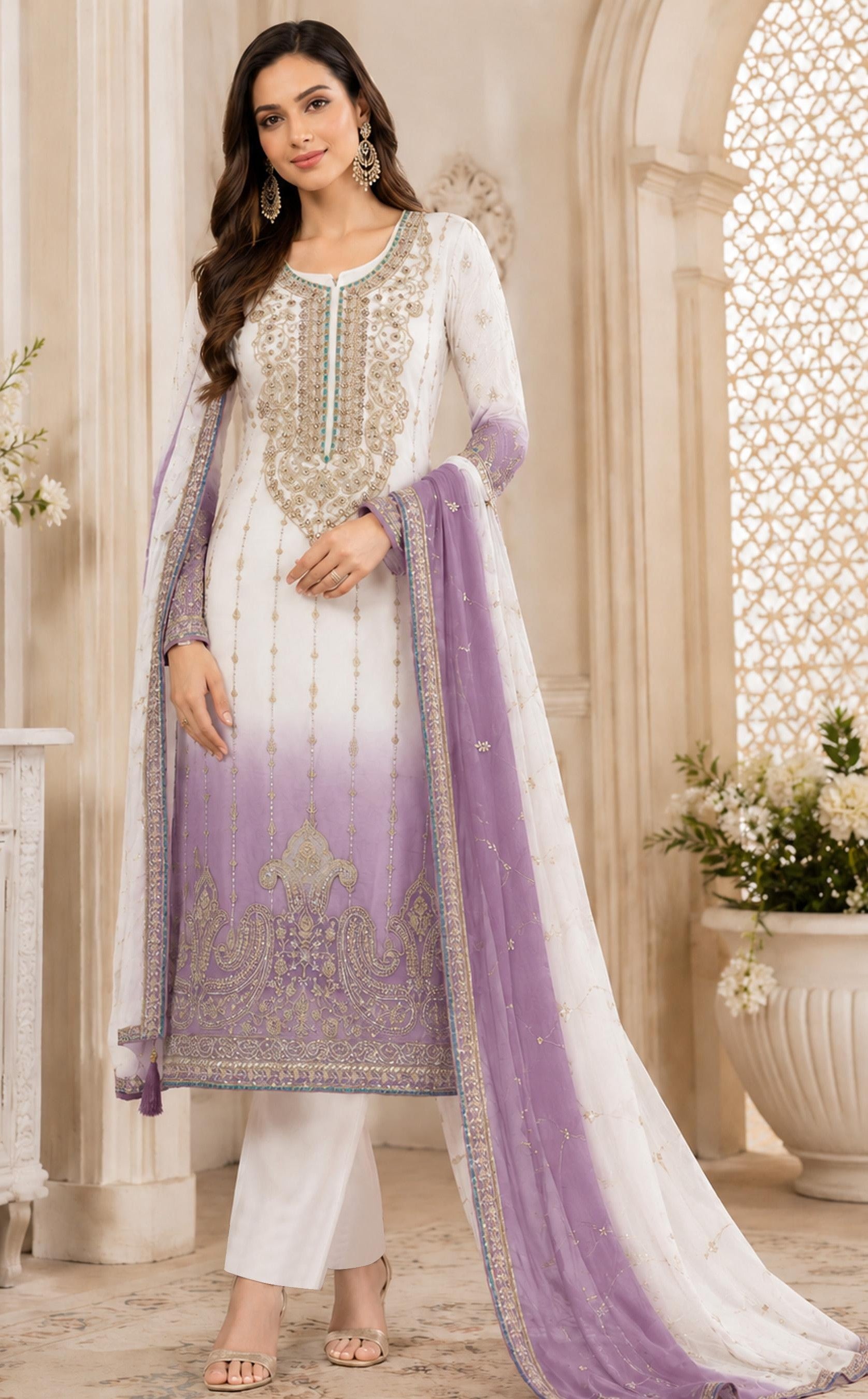 Anaita Lavender&White Chiffon Semi Stitched Suit with Embroidery & Sequence Work - Dista