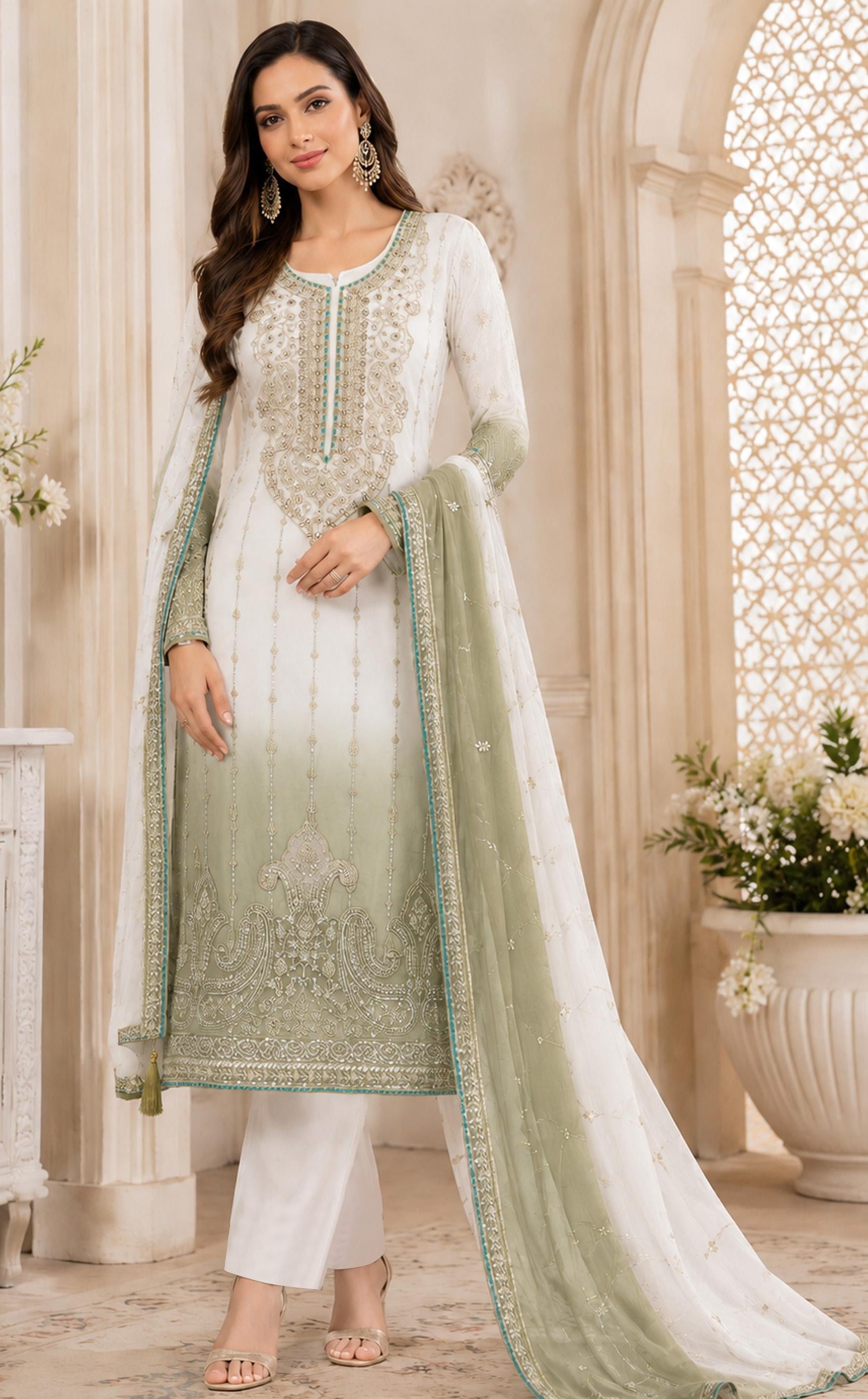 Anaita Green&White Chiffon Semi Stitched Suit with Embroidery & Sequence Work - Dista
