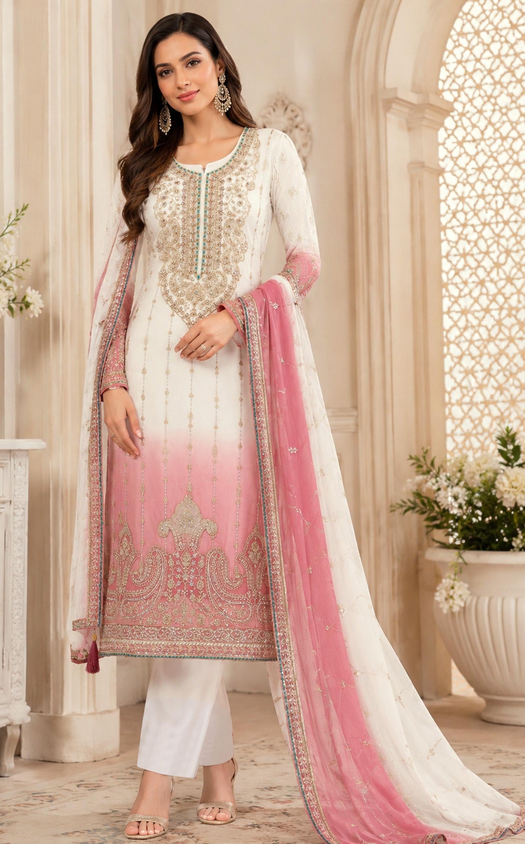 Anaita Pink&White Chiffon Semi Stitched Suit with Embroidery & Sequence Work - Dista