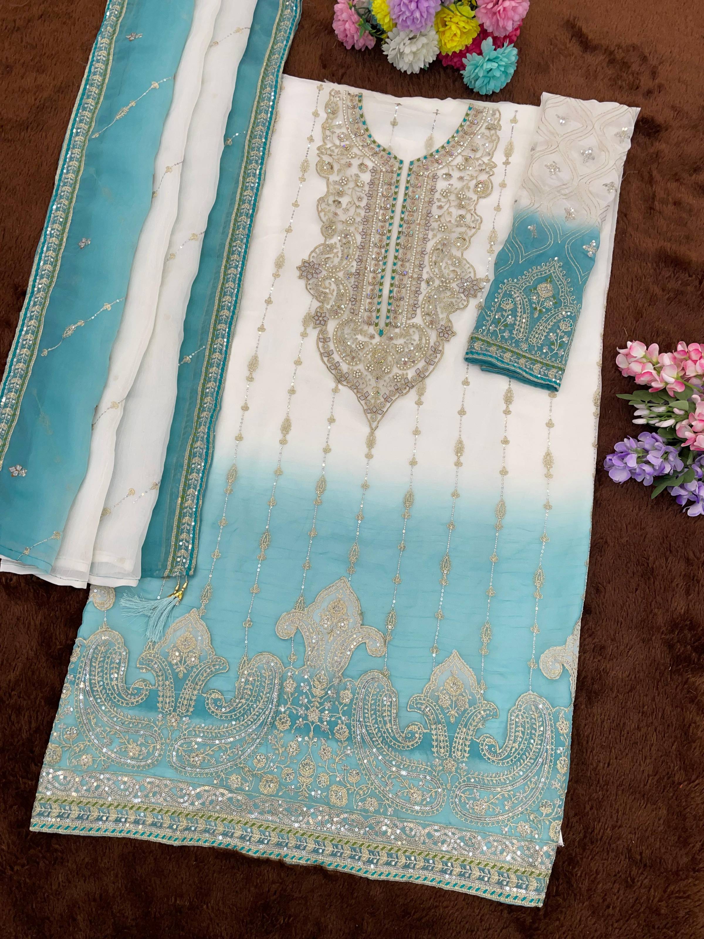 Anaita Blue&White Chiffon Semi Stitched Suit with Embroidery & Sequence Work - Dista