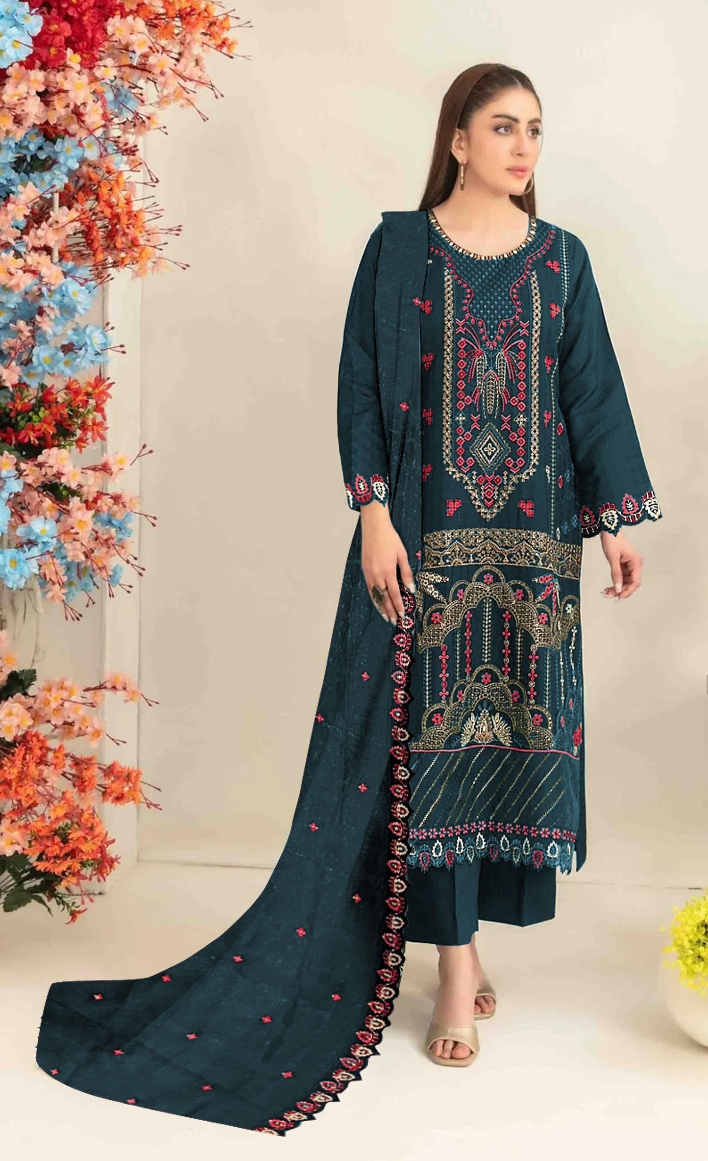 Anaita Teal Silk Suit with Embroidered & Sequence Work - Distacart