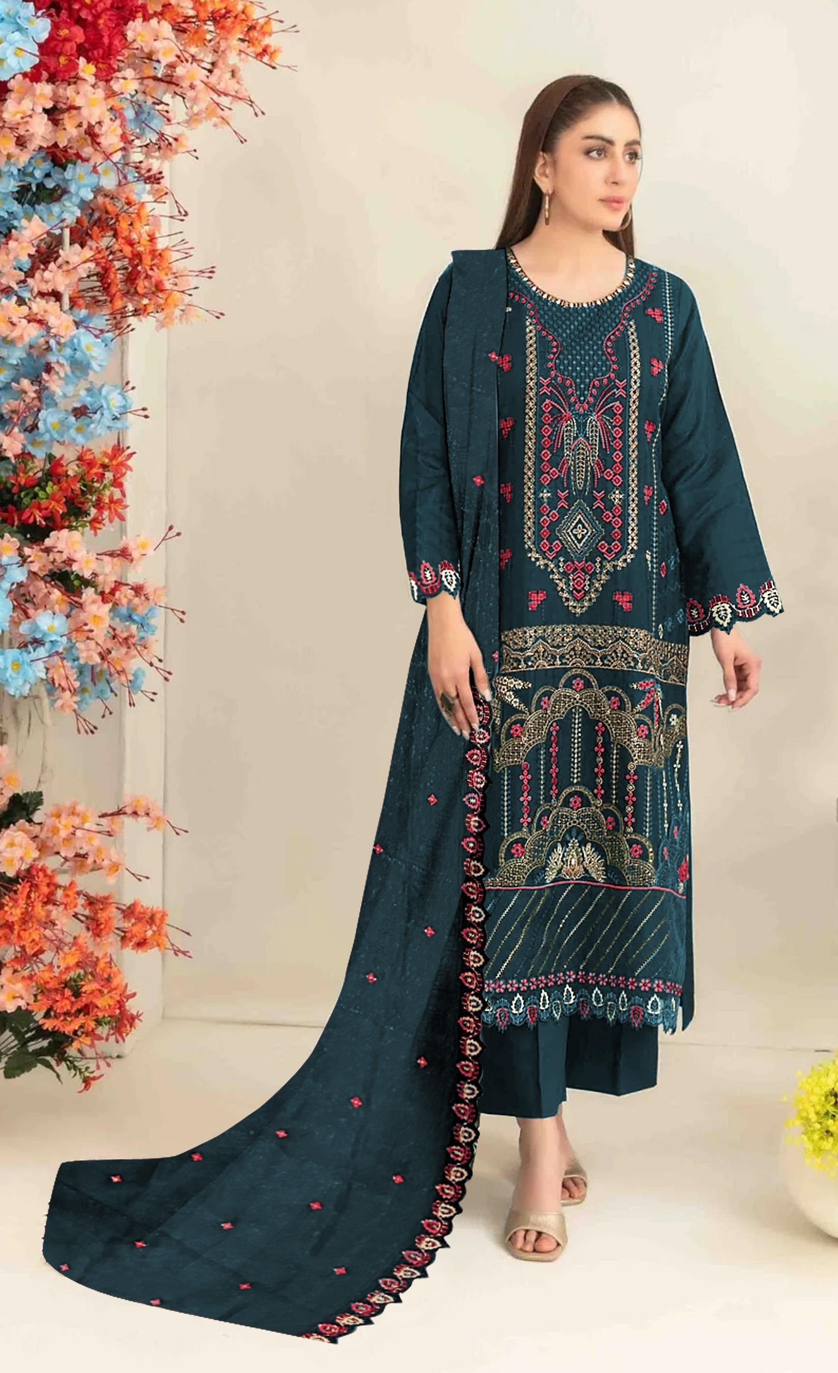 Anaita Teal Silk Suit with Embroidered & Sequence Work - Distacart