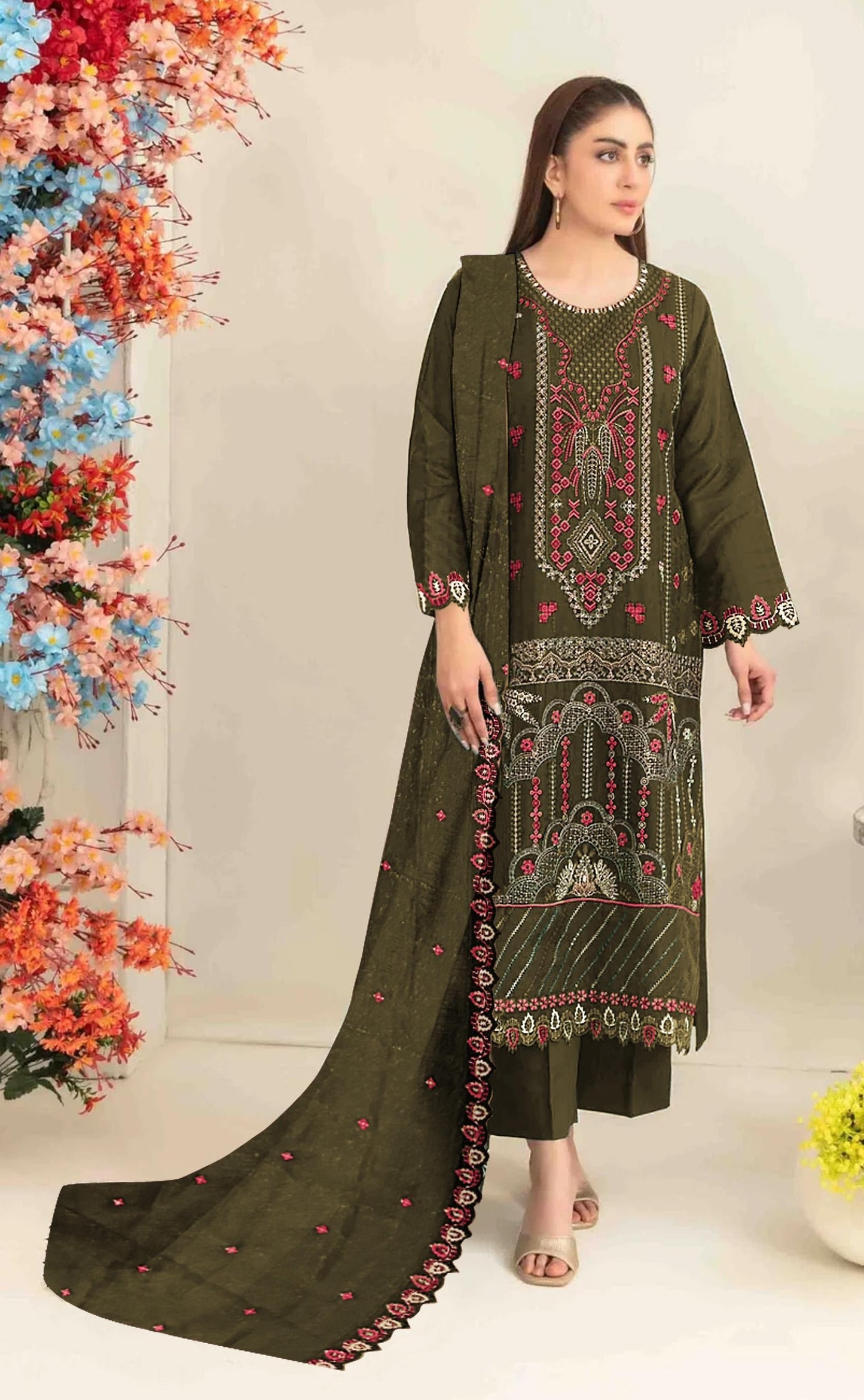 Anaita Mehendi Silk Suit with Embroidered & Sequence Work - Distacart