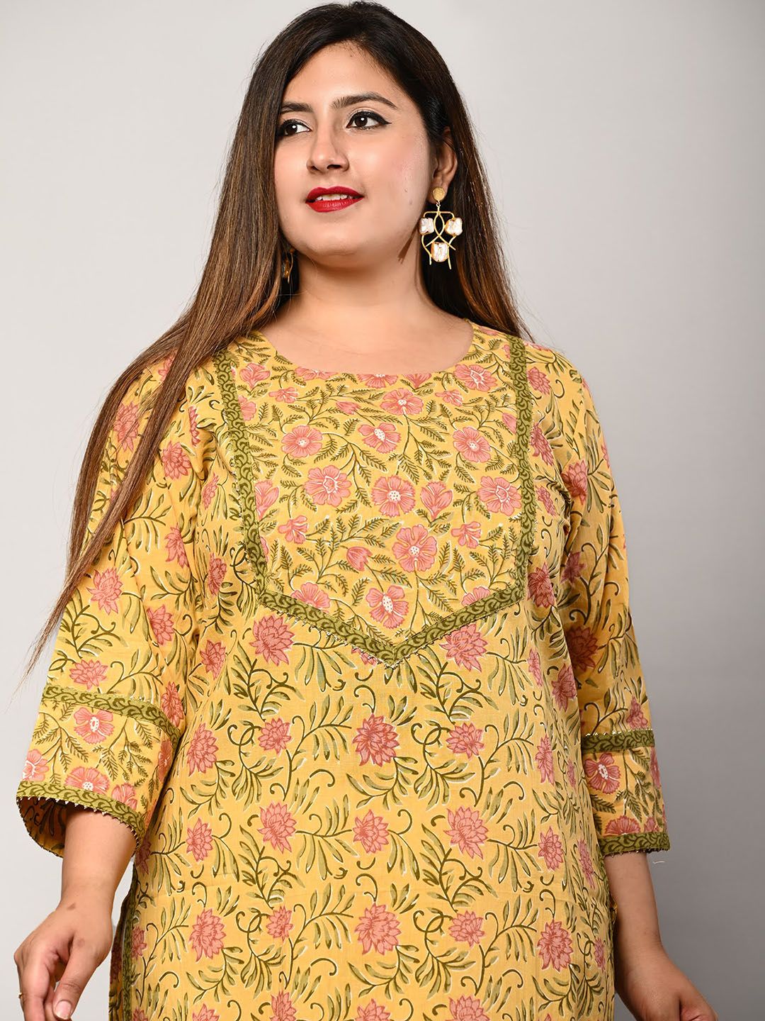 Swasti Women Yellow Floral Printed Flared Sleeves Thread Work Floral Kurta - Distacart