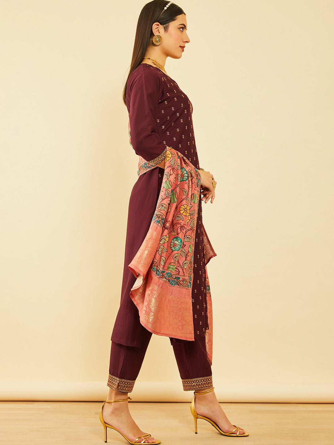 Soch Women Maroon Ethnic Motifs Printed Straight Kurta With Trousers & Dupatta - Distacart