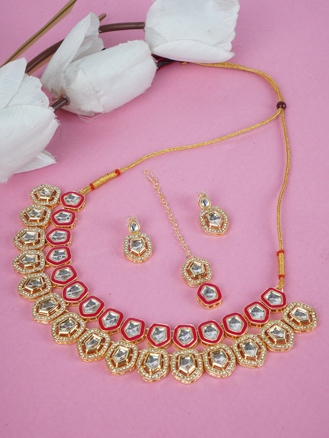 Divisha Alloy Gold-plated Pink Meenakari Kundan Jewellery Set - Distacart