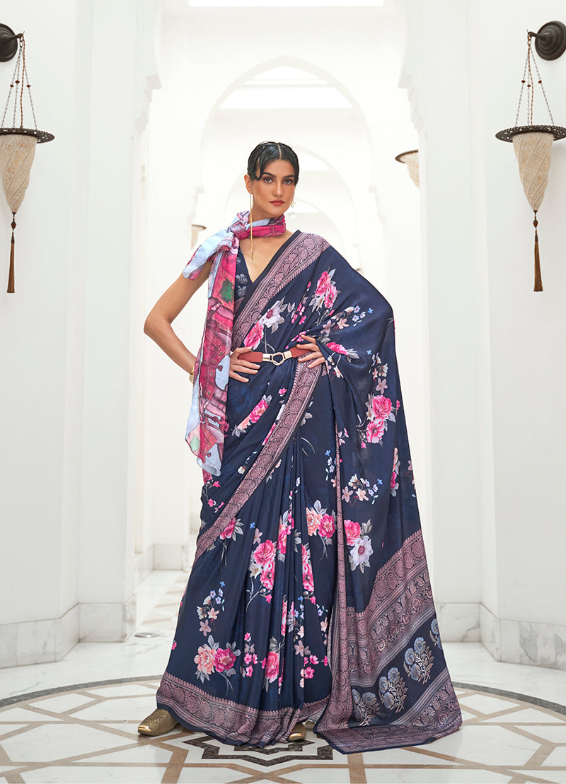 Monjolika Fashion Navy Blue Colour Classic Digital Printed Crepe Silk Saree