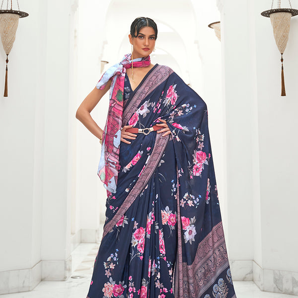 Monjolika Fashion Navy Blue Colour Classic Digital Printed Crepe Silk Saree - Distacart