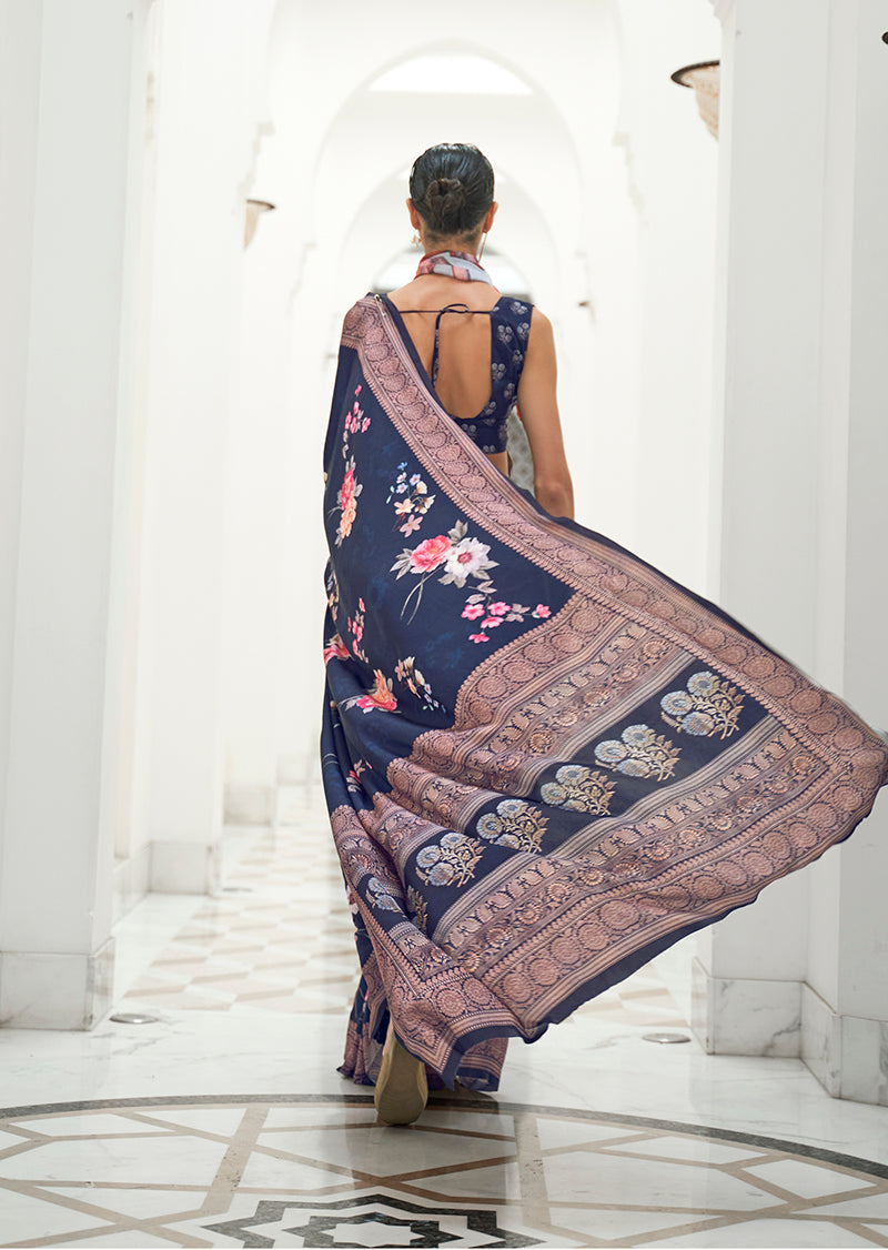 Monjolika Fashion Navy Blue Colour Classic Digital Printed Crepe Silk Saree