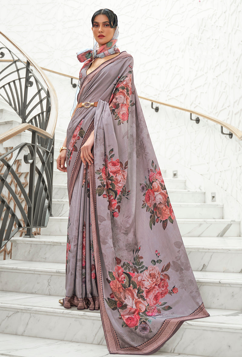 Monjolika Fashion Grey Colour Classic Digital Printed Crepe Silk Saree