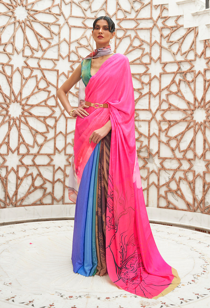 Monjolika Fashion Multi Colour Classic Digital Printed Crepe Silk Saree