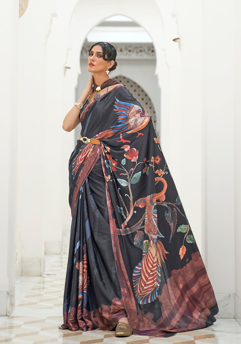 Monjolika Fashion Black Colour Classic Digital Printed Crepe Silk Saree