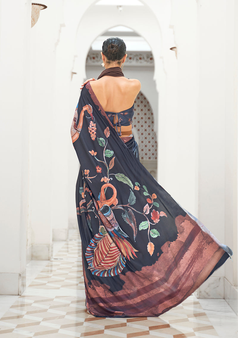 Monjolika Fashion Black Colour Classic Digital Printed Crepe Silk Saree