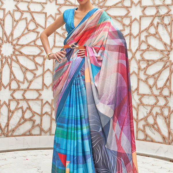 Monjolika Fashion Blue Colour Classic Digital Printed Crepe Silk Saree - Distacart