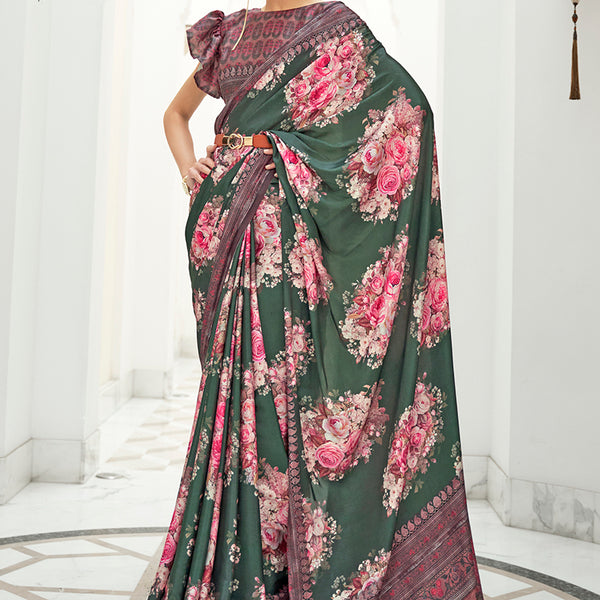 Monjolika Fashion Dark Green Colour Classic Digital Printed Crepe Silk Saree - Distacart