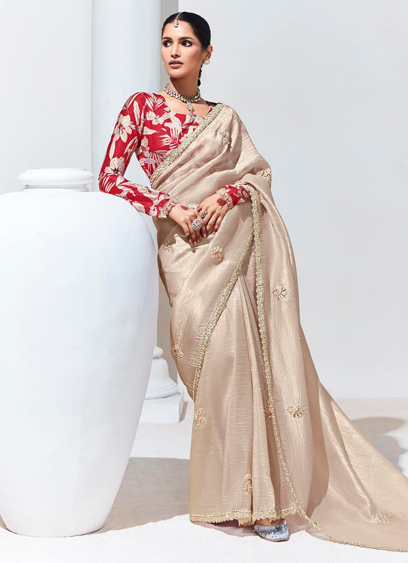 Monjolika Fashion Cream Embroidered Sequence Work Saree For Festival - Distacart