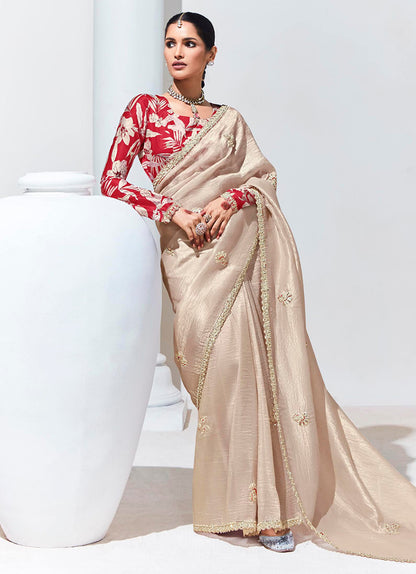 Monjolika Fashion Cream Embroidered Sequence Work Saree For Festival - Distacart
