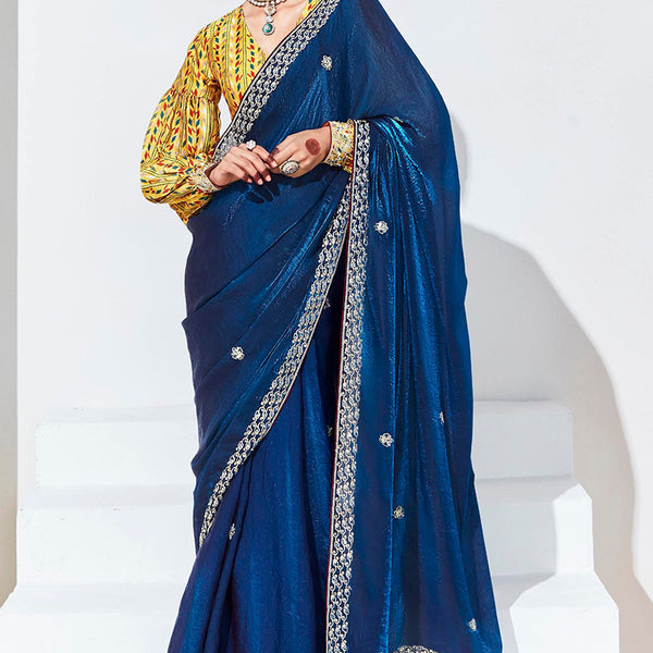 Monjolika Fashion Dark Blue Embroidered Sequence Work Saree For Festival - Distacart