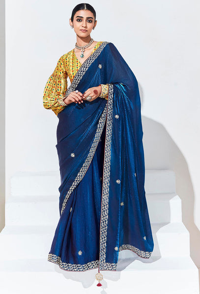 Monjolika Fashion Dark Blue Embroidered Sequence Work Saree For Festival