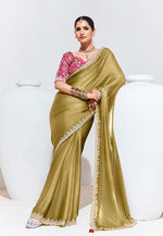 Thumbnail for Monjolika Fashion Olive Embroidered Sequence Work Saree For Festival - Distacart