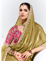 Thumbnail for Monjolika Fashion Olive Embroidered Sequence Work Saree For Festival - Distacart