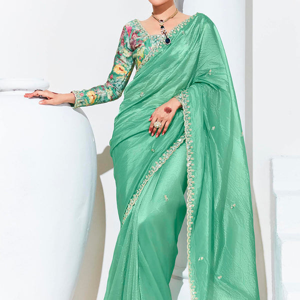 Monjolika Fashion Light Cyan Embroidered Sequence Work Saree For Festival - Distacart