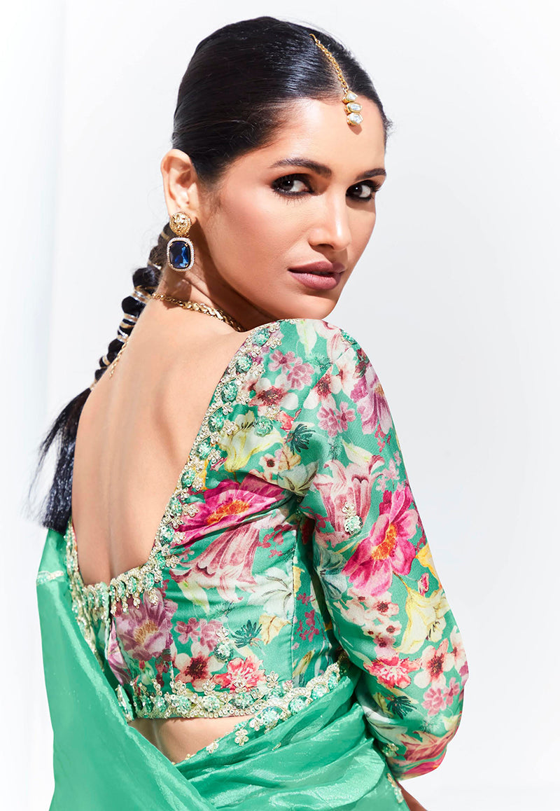 Monjolika Fashion Light Cyan Embroidered Sequence Work Saree For Festival