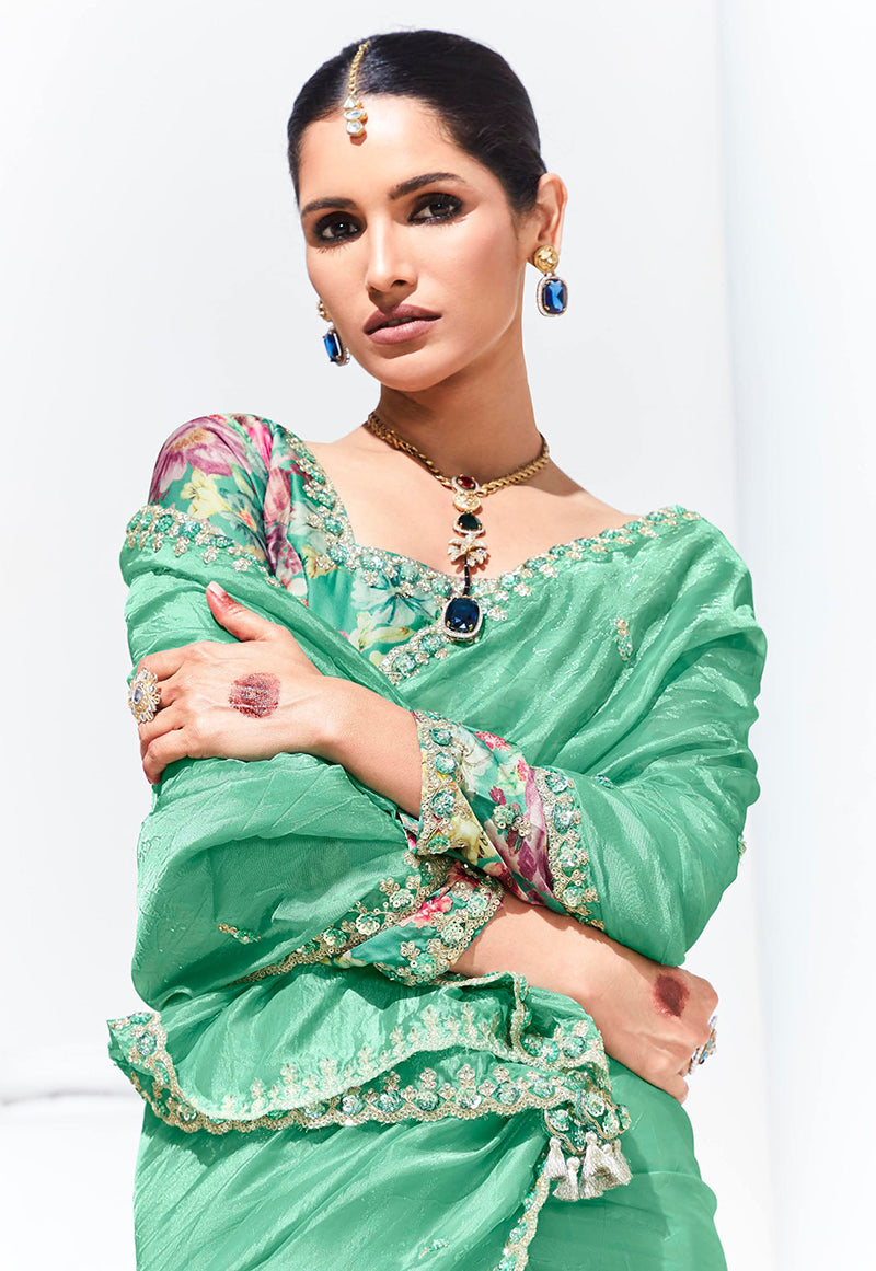 Monjolika Fashion Light Cyan Embroidered Sequence Work Saree For Festival