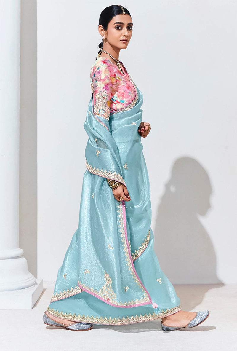 Monjolika Fashion Sky Blue Embroidered Sequence Work Saree For Festival - Distacart