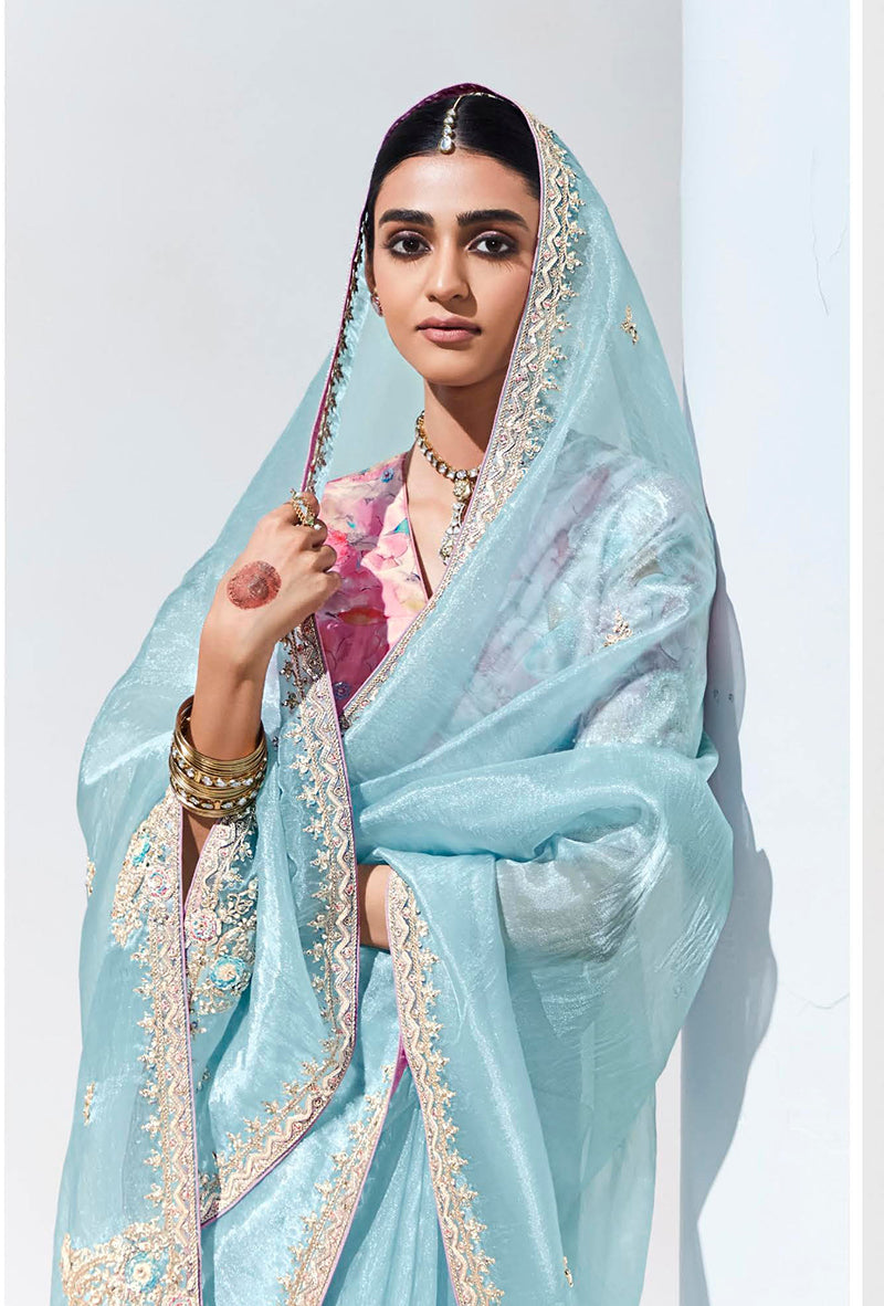 Monjolika Fashion Sky Blue Embroidered Sequence Work Saree For Festival - Distacart