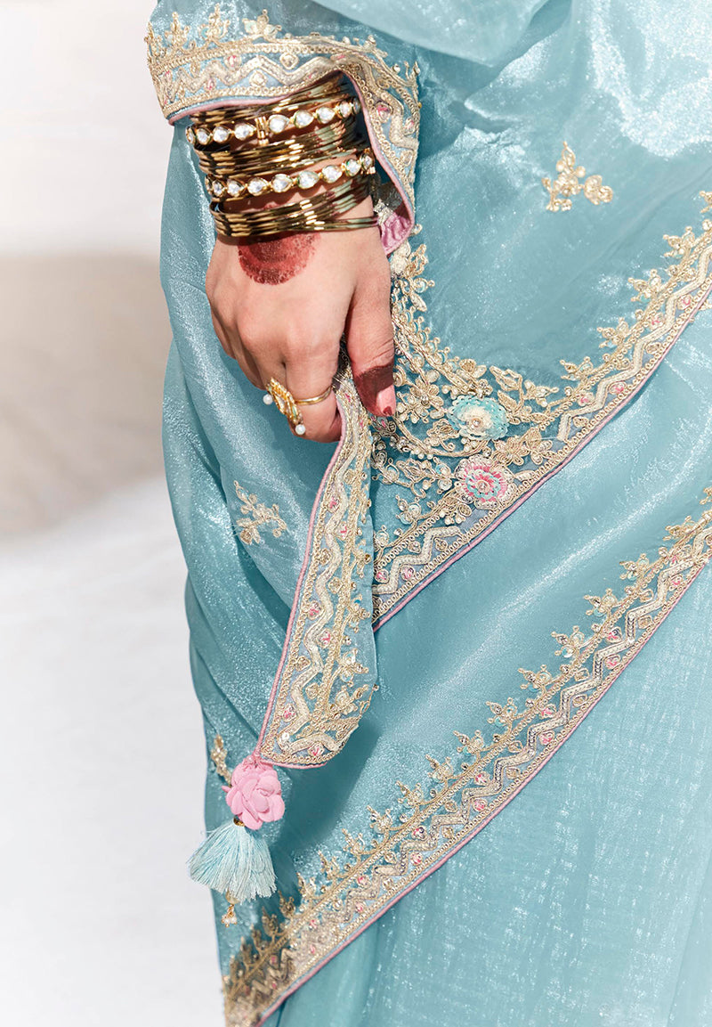 Monjolika Fashion Sky Blue Embroidered Sequence Work Saree For Festival - Distacart