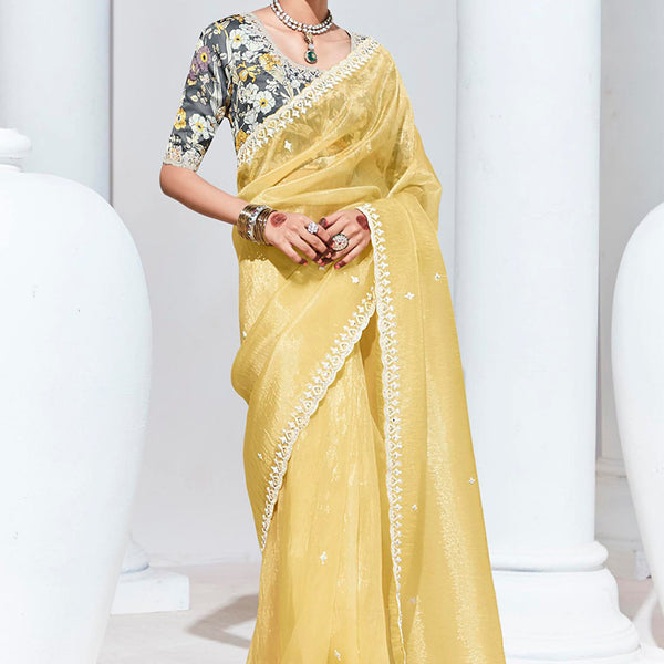 Monjolika Fashion Light Yellow Embroidered Sequence Work Saree For Festival - Distacart