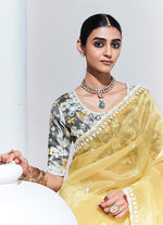 Thumbnail for Monjolika Fashion Light Yellow Embroidered Sequence Work Saree For Festival