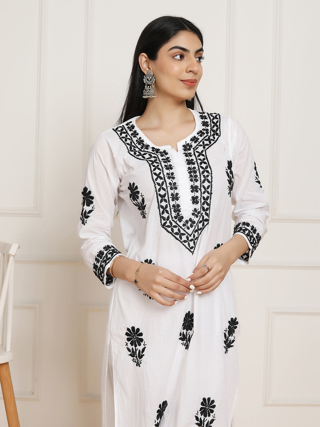 HOUSE OF KARI Women Ethnic Motifs Embroidered Regular Chikankari Pure Cotton Kurta with Trousers - Distacart