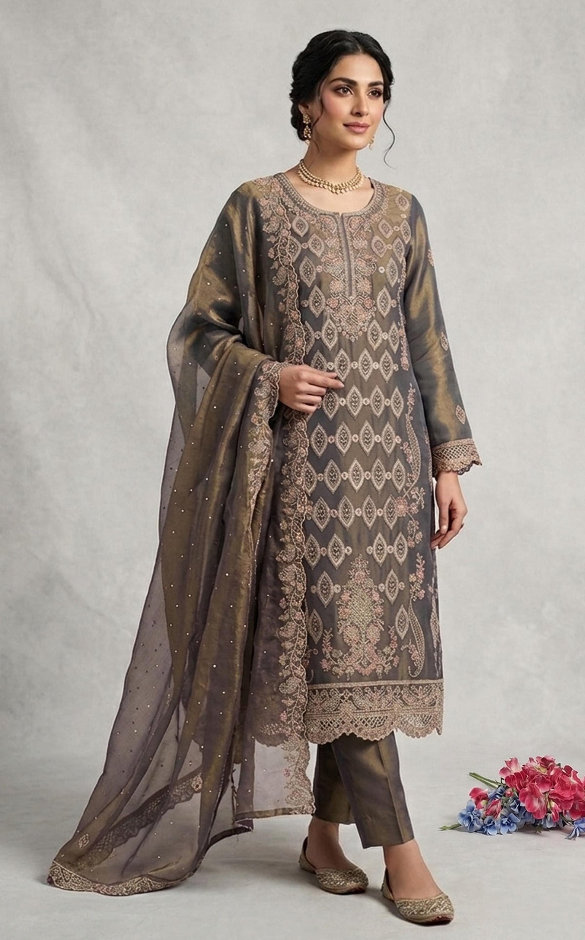 Anaita D Green Silk Suit with Embroidery & Sequence Work - Dista