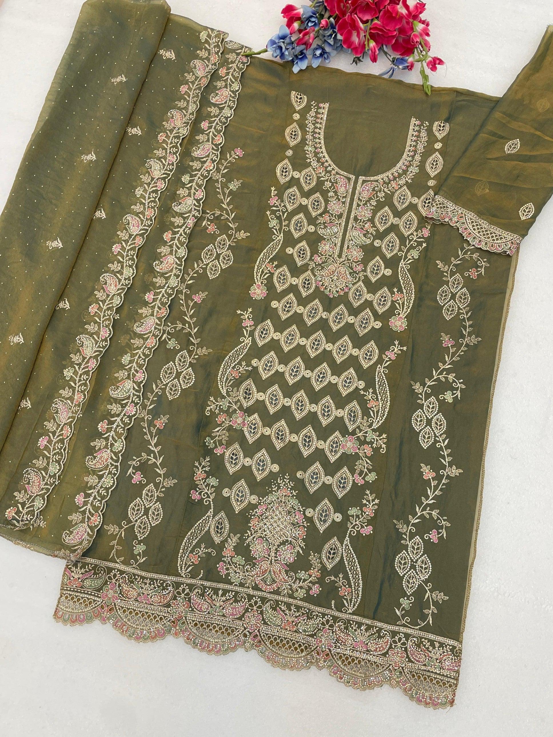 Anaita D Green Silk Suit with Embroidery & Sequence Work - Dista