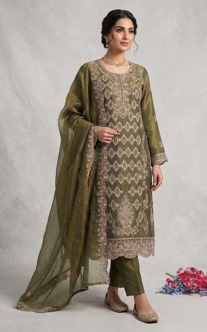 Anaita Mehendi Silk Suit with Embroidery & Sequence Work - Dista