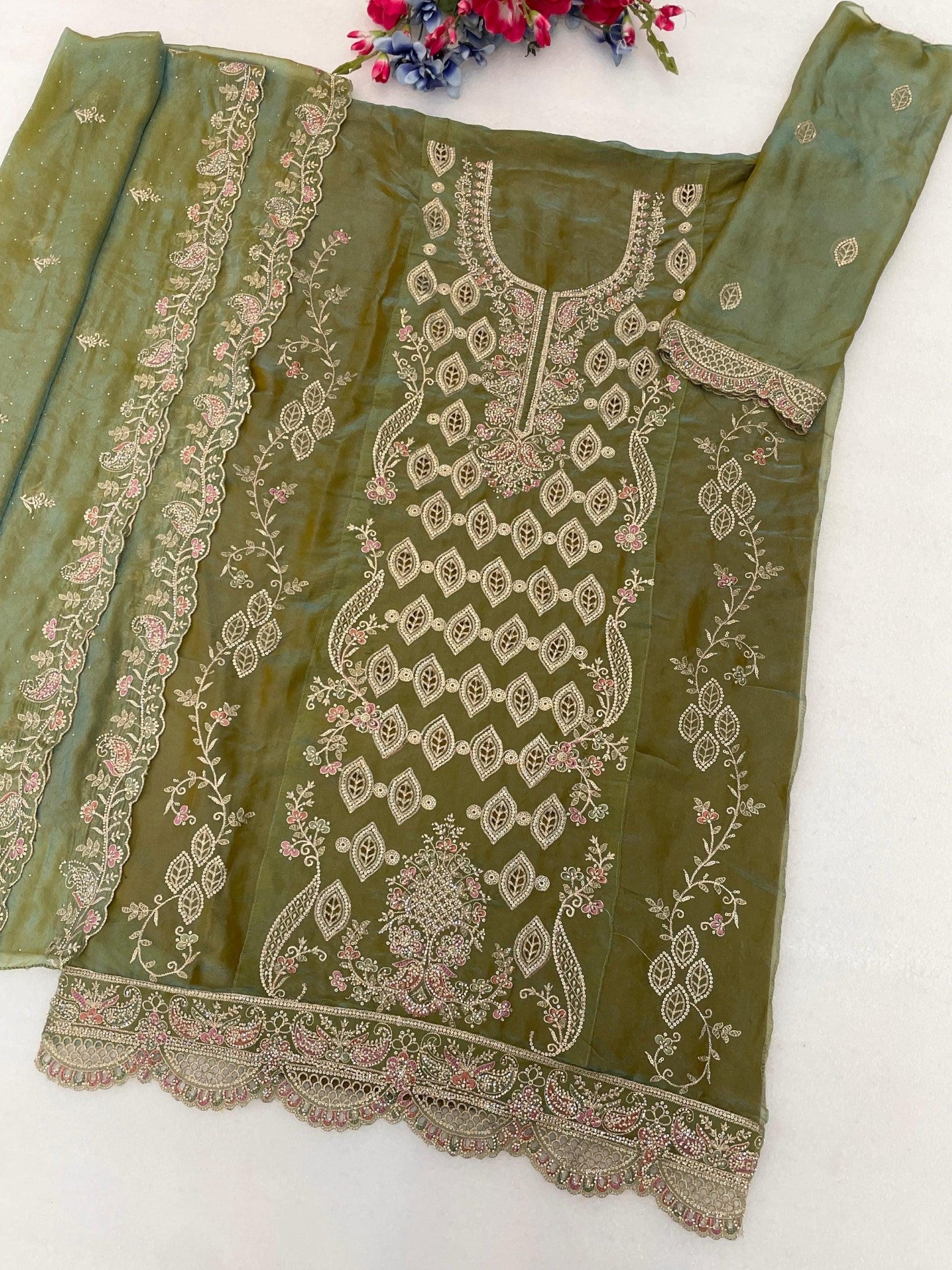 Anaita Mehendi Silk Suit with Embroidery & Sequence Work - Dista