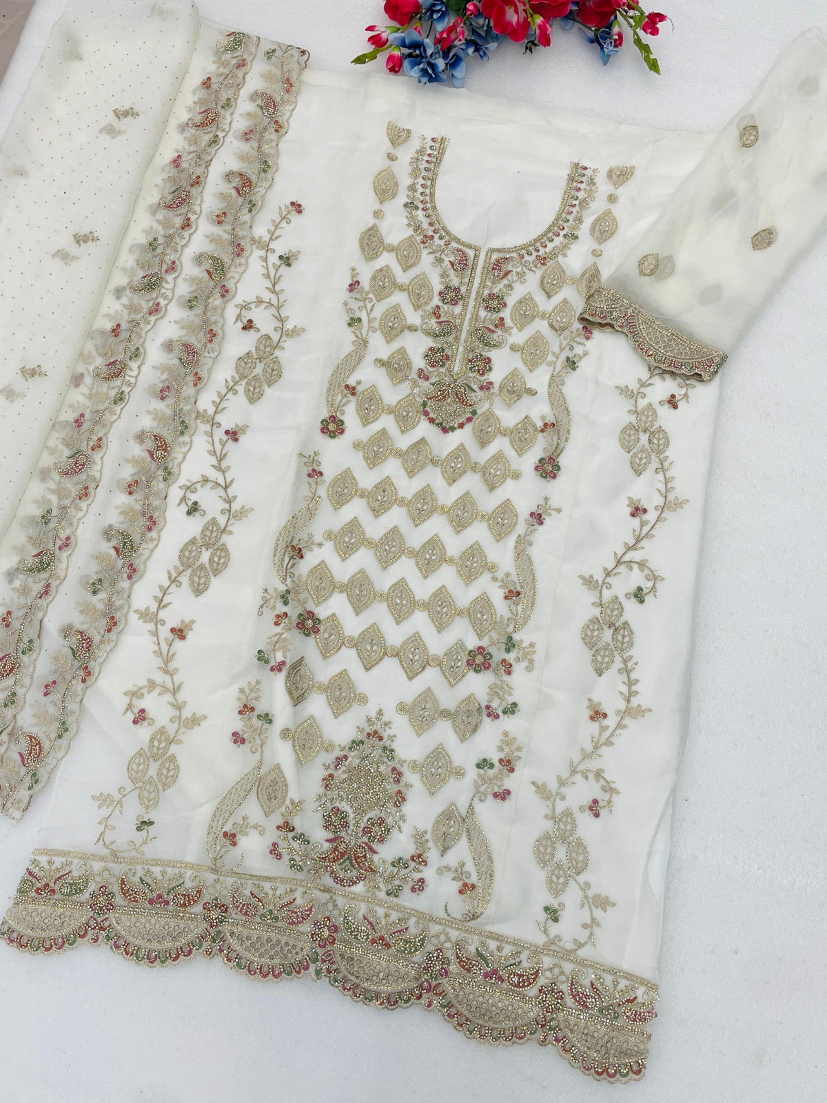 Anaita White Silk Suit with Embroidery & Sequence Work - Dista